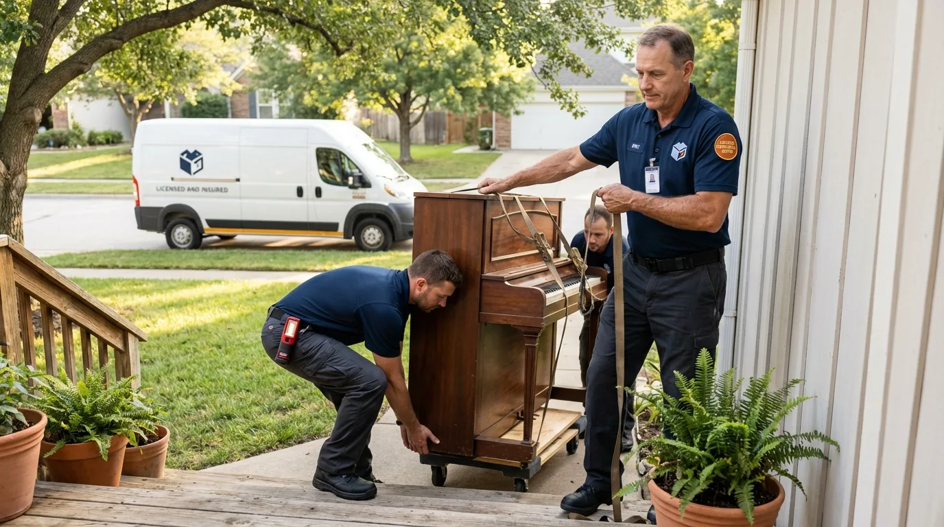 Licensed piano movers securing grand piano in Miami Beach, FL