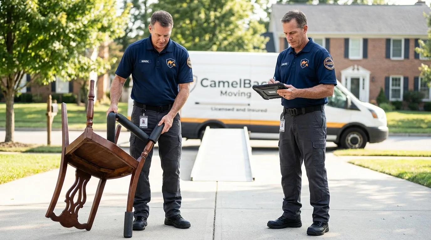 Movers inspecting furniture for damage prevention before loading in Miami Beach, FL