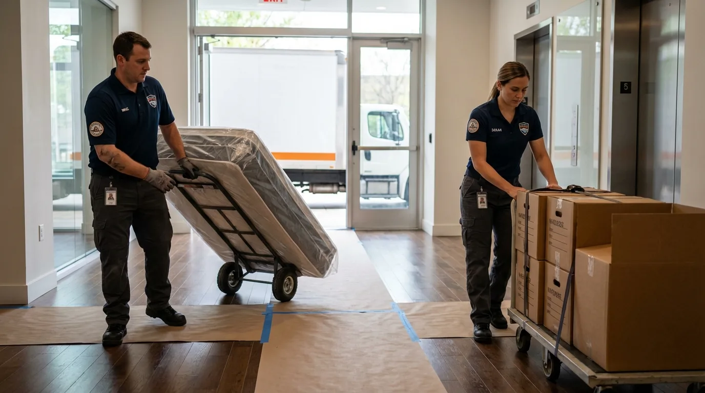 Professional apartment movers loading elevator in Miami Beach, FL