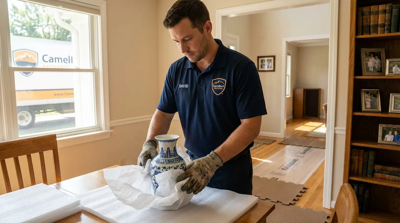 Professional crew carefully wrapping antique vase for senior downsizing move in Miami Beach, FL